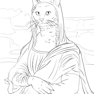 Mewona Lisa Classic Cats Coloring Page | Digital Download Adult Coloring Book Page Printable