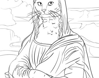 Mewona Lisa Classic Cats Coloring Page | Digital Download Adult Coloring Book Page Printable