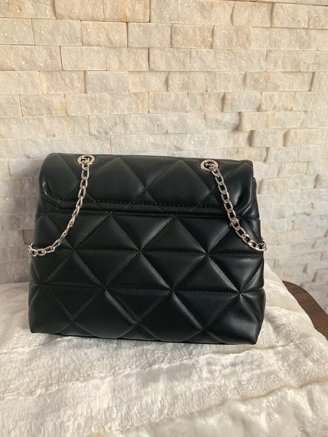 Elegant Leather Bag Gold Chain Strap Black Shoulder Bag Etsy