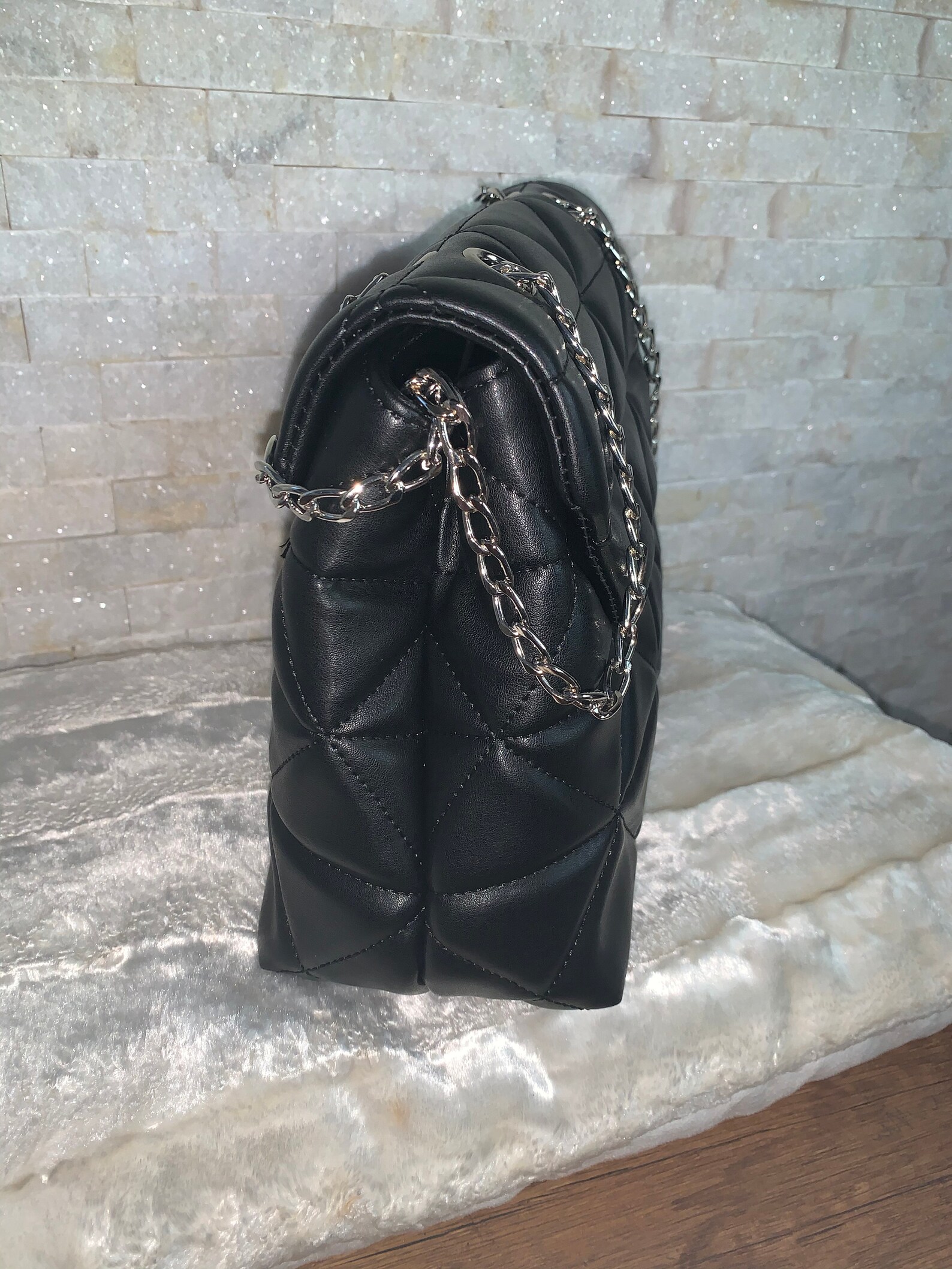 Elegant Leather Bag Gold Chain Strap Black Shoulder Bag Etsy