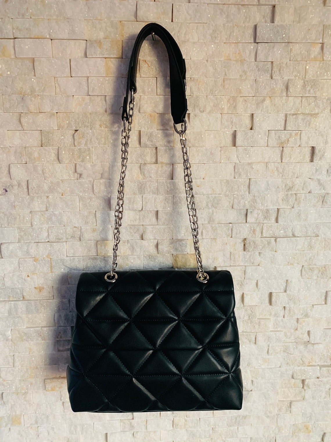 Elegant Leather Bag Gold Chain Strap Black Shoulder Bag Etsy