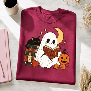 Bookish Ghost PNG Shirt Design | Cozy Reader Halloween Sublimation | Cute Spooky Season Tshirt Graphic | Library Cat Digital Download File