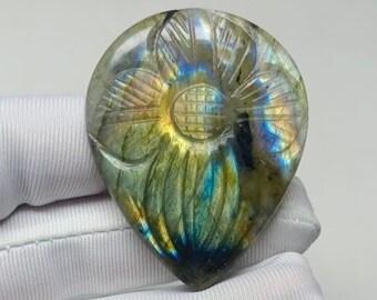Labradorite Carving Cabochon, Natural Labradorite Carving Stone, Pear Gemstone, Loose Gemstone For Making Jewelry, 40x39x7mm 101.80 Carat