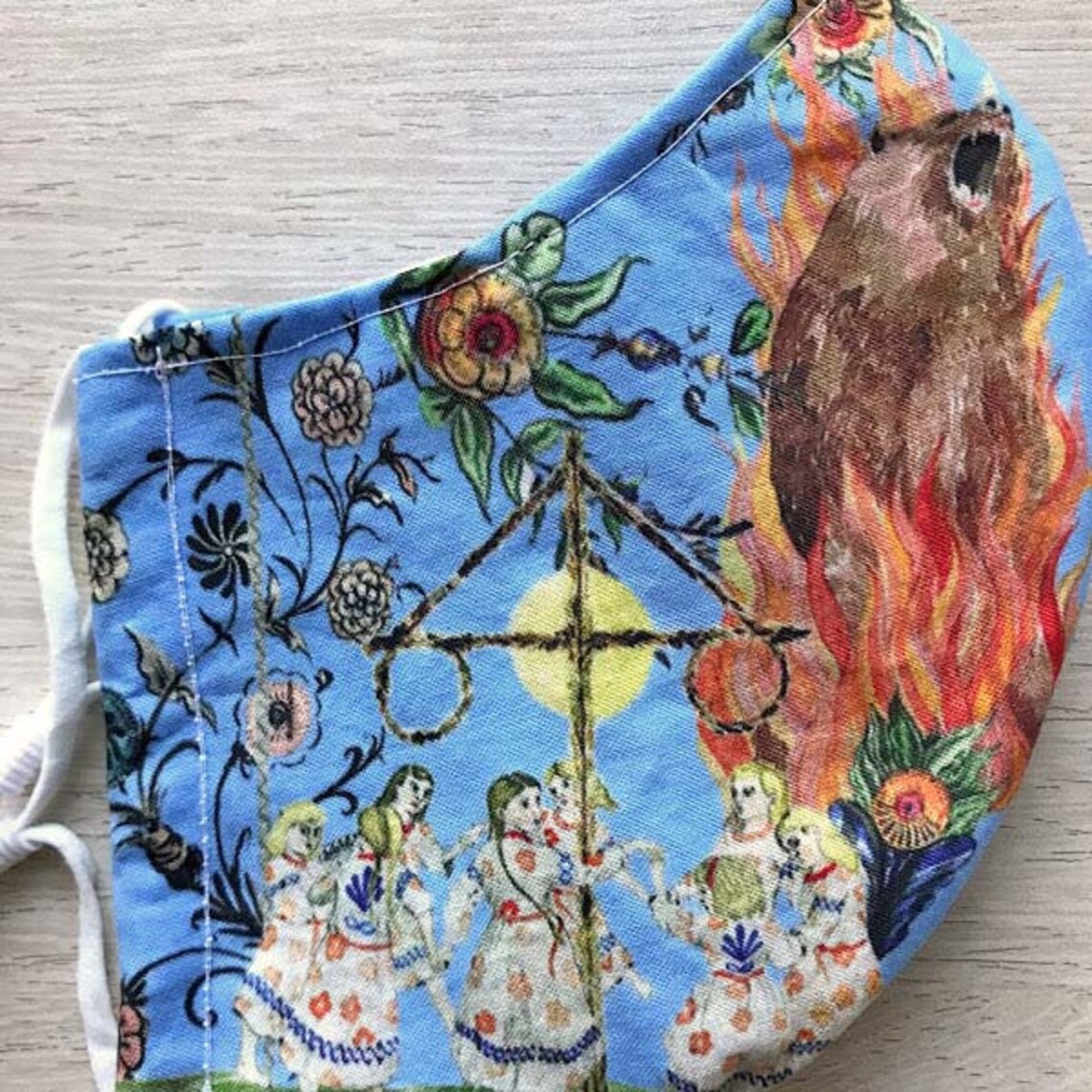Midsommar Festival Folk Art Cotton Face Mask Blue | Etsy
