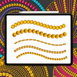 May include: A digital tablet screen displaying various gold-colored bead and sequin designs. The designs include different sizes and shapes of beads and sequins, arranged in rows and curves.