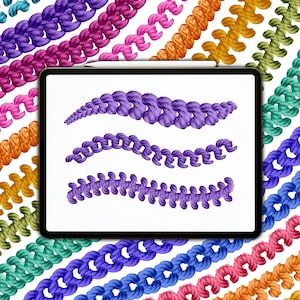 May include: A digital tablet screen displaying three purple watercolour-style braid designs. The tablet is surrounded by a colourful background of various braided patterns.