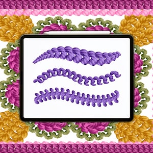 Puede incluir: Una pantalla de tableta digital que muestra tres diseños florales estilizados en morado y blanco. Los diseños están dispuestos en una pila vertical, con el diseño más grande en la parte superior y el diseño más pequeño en la parte inferior. La tableta está rodeada por un borde floral colorido.