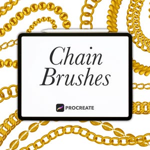 以下が含まれることがあります： Procreate のロゴの下に「Chain Brushes」というテキストが表示されたデジタルタブレットの画面。画面は、さまざまな金色のチェーンのデザインで囲まれています。