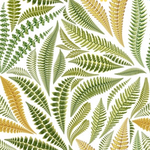 Puede incluir: Un patrón sin costuras con una variedad de hojas de helecho verdes y doradas sobre un fondo blanco. Los helechos están dispuestos en un patrón aleatorio, creando una sensación natural y orgánica.
