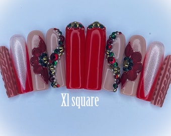 press on nails Christmas red wine