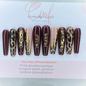 Burgundy leopard press on nails