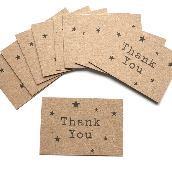 25/50 Mini thank you cards stars kraft recycled etsy business packaging rustic eco note card pack set vintage typewriter font