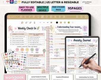 May include: An Emotional Wellness & Recovery Guide digital planner featuring a Weekly Check-In page, an Anxiety Journal page, and a free sticker pack. The layout includes sections for weekly summaries, accomplishments, gratitude, and coping strategies.