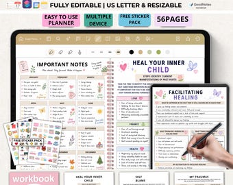 Op de afbeelding: Een digitaal PTSS- en traumatherapie-dagboek op tablets, met 56 pagina's, een maandplanner en secties voor het helen van het innerlijk kind. Inclusief een gratis stickerset en ongedateerde, printbare werkboekpagina's voor dagelijks gebruik.