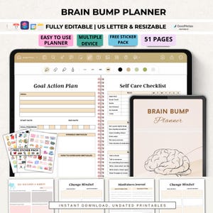 May include: A digital Brain Bump Planner displayed on tablets, featuring 51 pages including a Goal Action Plan, Self Care Checklist, and Mindfulness Journal. The planner includes a free sticker pack, is fully editable, and is formatted for US Letter.
