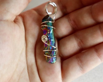 Titanium Plated Aura Quartz Sterling Silver Pendant | Sterling Silver S925 Necklace | Wire Wrapped Jewelry