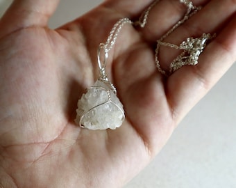 Clear Spirit Quartz Sterling Silver Necklace | S925 Sterling Silver Wire Wrapped Pendant | Spirit Druzy Cluster Necklace