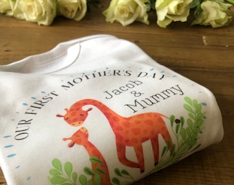 Personalised First Mother's Day Baby Vest or T-shirt with Mummy and baby Giraffe Design