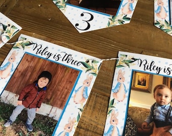 Personalised Peter Rabbit Birthday Bunting with Frames for photos - Peter Rabbit Birthday Banner Customised with Name & Age in Pink or Blue