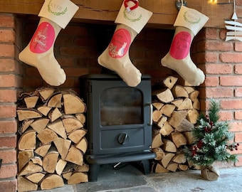 Rustic Jute Christmas Stocking with Christmas Tree Design