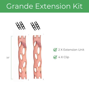 May include: The image displays a Grande Extension Kit. It includes two wooden extension units, each 16 inches long, and four black clips. The extension units are a light brown color with oval cutouts. The text "2 X Extension Unit" and "4 X Clip" are also visible.