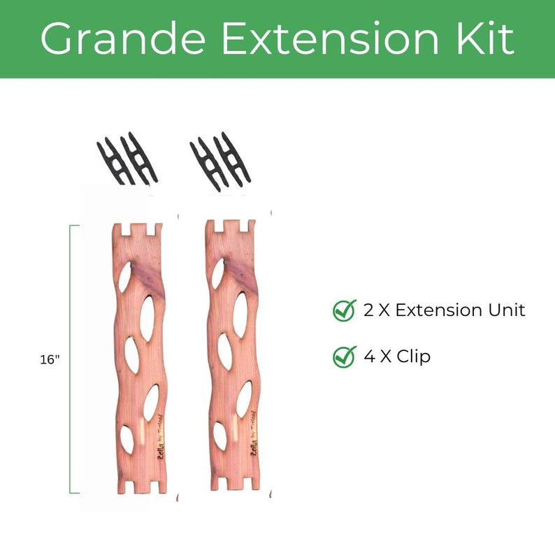 May include: The image displays a Grande Extension Kit. It includes two wooden extension units, each 16 inches long, and four black clips. The extension units are a light brown color with oval cutouts. The text "2 X Extension Unit" and "4 X Clip" are also visible.
