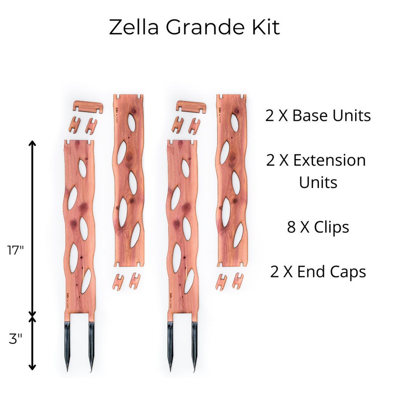 May include: The Zella Grande Kit includes wooden base and extension units, clips, and end caps. The base units are 17 inches tall with 3-inch spikes. The kit's components are made of reddish-brown wood with oval cutouts. The text "Zella Grande Kit" is at the top.