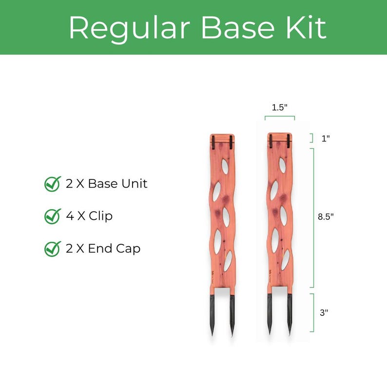 May include: The image shows a Regular Base Kit. It includes two reddish-brown wooden base units, each 8.5 inches long, 1.5 inches wide, and 1 inch thick, with oval cutouts. The kit also contains four clips and two end caps.