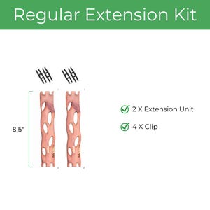 May include: A Regular Extension Kit with two wooden extension units, each 8.5 inches long, and four black clips. The units are light brown with oval cutouts. The text "Regular Extension Kit" is at the top.
