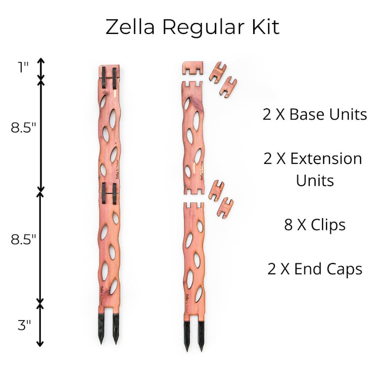 May include: The Zella Regular Kit includes two base units, two extension units, eight clips, and two end caps. The wooden pieces are light brown with a series of oval cutouts. The base units are 8.5 inches long, and the kit includes a 3-inch stake.