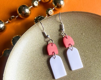 CLAY EARRINGS, Orange and White Dangle Arches, Lightweight, Hypoallergenic, Handmade, Statement Earring