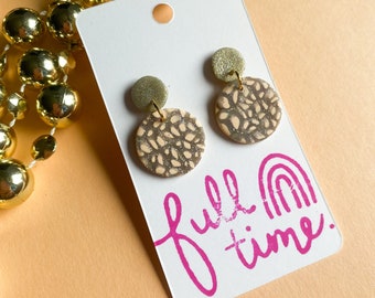 CLAY EARRINGS, Tan and Gold Pattern Circle, Lightweight, Hypoallergenic, Handmade, Statement Earring