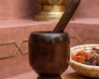 Engraved Wooden Mortar and Pestle: Handmade Moroccan Spice Grinder