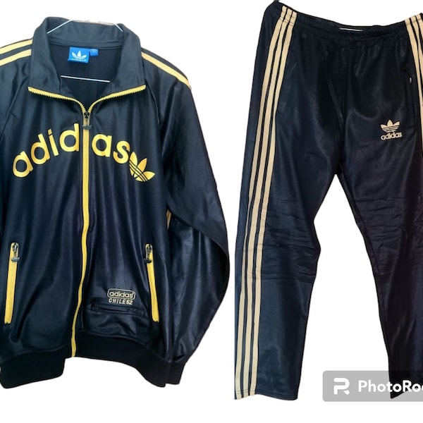 Adidas Gold and black shiny Vintage 90's Adidas Chile 62 tracksuit with pants Rare Tracksuit set size M vintage Adidas jacket Chile 62