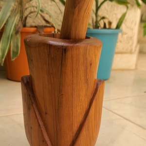 Engraved Mortar handmade Vintage Moroccan wooden Mortar and pestle, Garlic Crusher OR press Herb Spice grinder 7.87 inches/20 cm tall