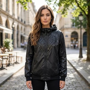 Puede incluir: Una chaqueta cortavientos negra con capucha que presenta un sutil estampado de leopardo tonal en la parte superior del pecho y los hombros, cremallera frontal completa, mangas largas con puños acanalados y dobladillo acanalado.