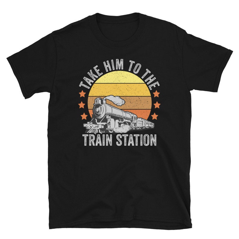May include: Black t-shirt with a vintage-style graphic of a train and the text "Take Him To The Train Station".