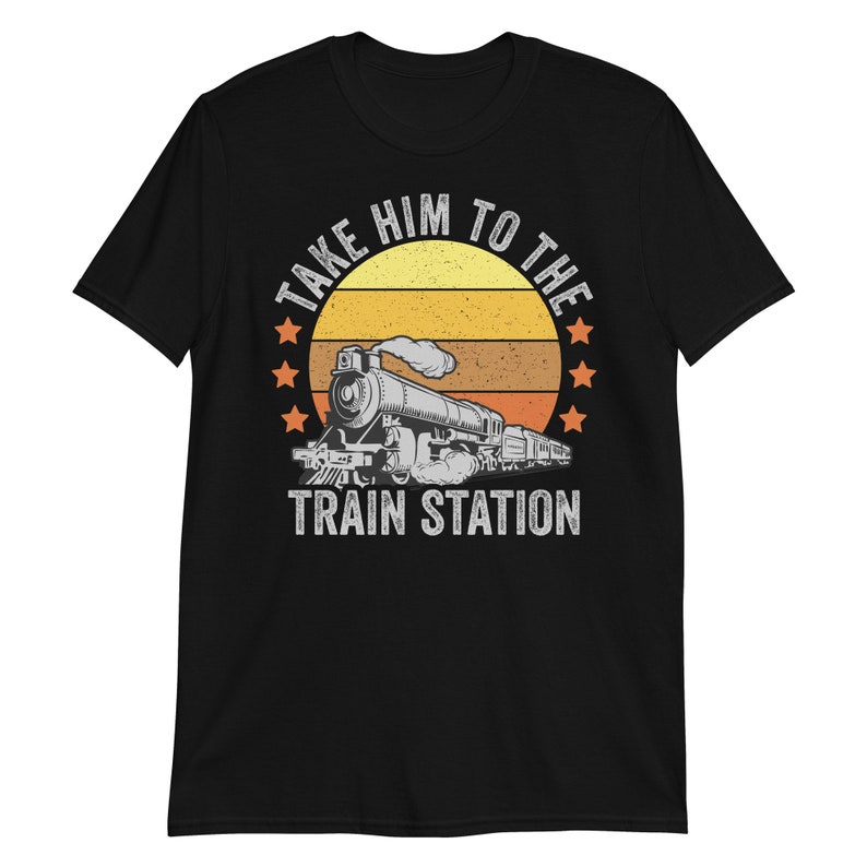 May include: Black t-shirt with a vintage-style graphic of a train with the text "Take Him To The Train Station".