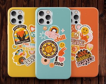 Hippie Stickers Phone Case, Groovy Collage Phone Case iPhone 13 11 12 14 Pro Max, Retro Stickers Phone Case Samsung S21 S21, Peace Sign Case