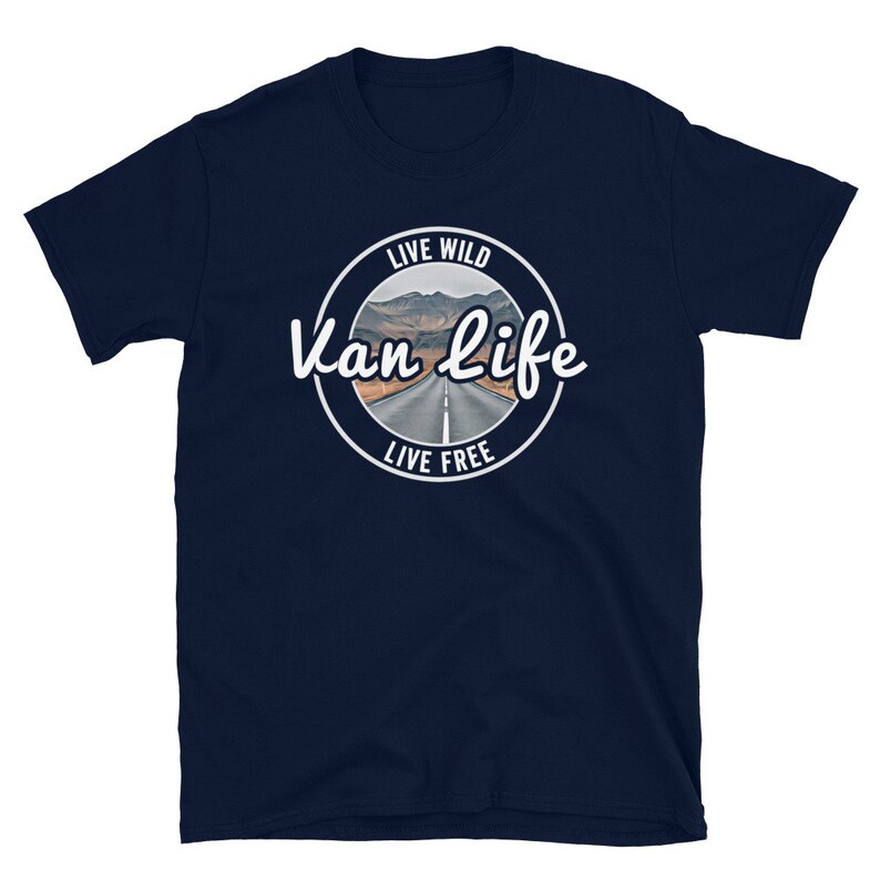 May include: Navy blue t-shirt with a white circle graphic featuring a road and the text "Live Wild Van Life Live Free".