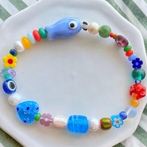 Colorful Fish Bead Bracelet, Freshwater Pearls & Mixed Glass Beads