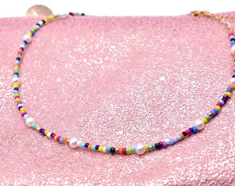 Colorful Seed Bead and Pearl Adjustable Choker - Rainbow - Minimalist - Everyday Jewelry