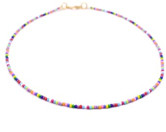 Rainbow Beaded Necklace - Adjustable - Handmade - 2mm Beads - Seed Bead Necklace