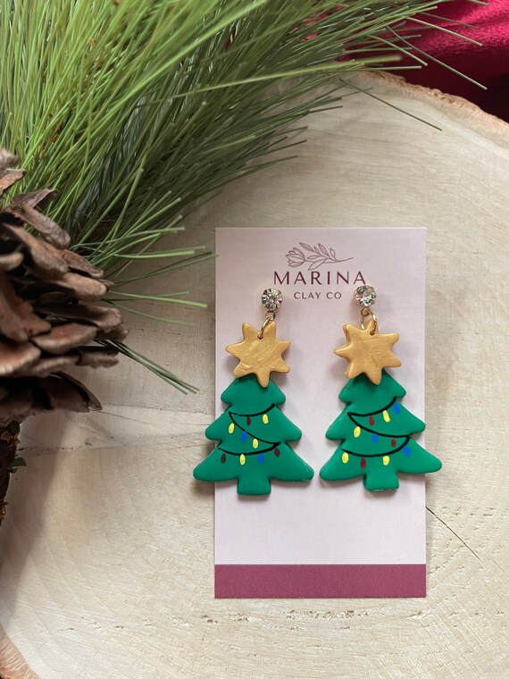 CHRISTMAS TREE EARRINGS Polymer Clay Hand Painted Christmas Tree