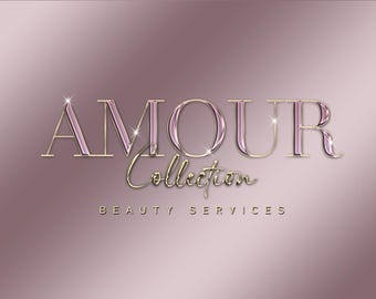 Logotipo de beleza com glitter dourado rosa: salão, maquiagem, cabelo, unhas