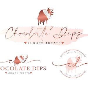 Logotipo de padaria, kit de marca, logotipo de morango, logotipo personalizado de morango com molho, logotipo de morango em ouro rosa, cartão de visita, logotipo de sobremesas doces