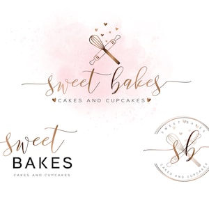 Rosa und Roségold Bäckerei Logo, Bäckerei Branding Kit, Kuchen Cupcake Desserts Logo, Bäckerei Visitenkarte, Back Vollmarke, Schneebesen Logo Design