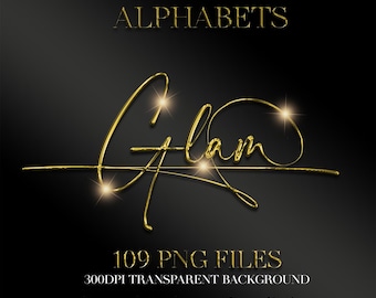 Gold Chrome Script Alphabet PNG: Luxury Letters, Numbers, Symbols (Digital Download)