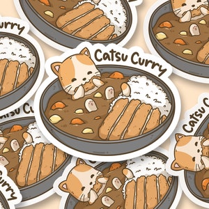 Catsu Curry Sticker, Asian Food Pun Sticker, Kawaii Cat Sticker, Cute Japanese Food Laptop Sticker