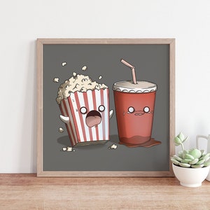 Scared Popcorn and Soda Digital Art Print, Cartoon Movie Snacks Poster, Funny Wall Decor for Movie Lovers
